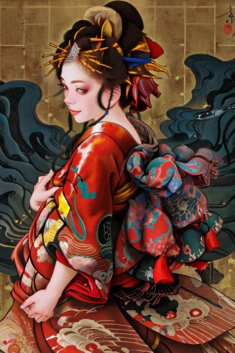 nsfw,  One girl , Alone,  viewers, smile,  dark eyes,  black hair,  hair accessory as Kamui ,  upper body, Japanese clothing, kimono, from side, lips, compensate, Tassel, rope,  eyeshadow, red kimono, sacred shrine rope, Hairpin, Lower your arms,
