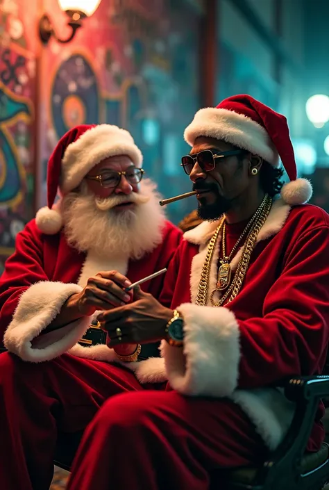 A Santa Claus smoking a joint with Snoop Dogg, hyper realistic, high quality, 8K, cinematic lighting, detailed, masterpiece, photorealistic, ornate, intricate, warm colors, Christmas, holidays, rap music, hip hop culture, urban setting, street art, graffit...