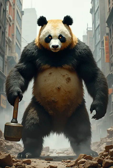 A dirty panda that is guarding a city with a hammer in his palm ready for any battle 