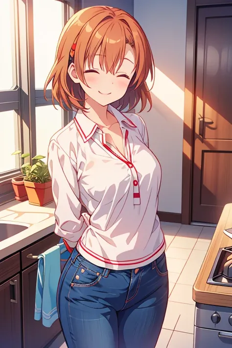 best quality,ultra-detailed,girl,pov,looking at viewer,denim pants,blouse,white apron,kitchen,room,indoors,smile,calm,standing,(arms behind back,(happy closed eyes smile:1.2),middle chest,middle hip,old woman,kousaka  honoka
,