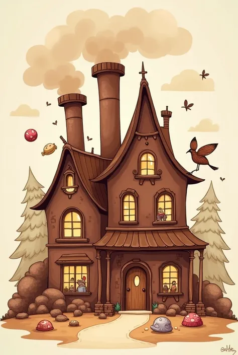 "The exterior of a whimsical chocolate factory illustrated in a like drawing style with a chocolate-brown color palette as the primary tone. The factory features playful shapes, candy-like decorations in soft complementary colors, oversized chimneys shaped...