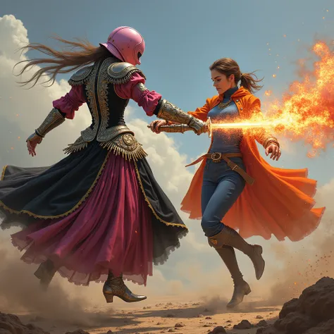  Highly detailed and very beautiful digital art ,  unrealistic style ,  digital painting .  characters The composition portrays an epic duel between two intense ,  wrapped in vibrant magical explosions and a battle scenario .

 The first character is livin...