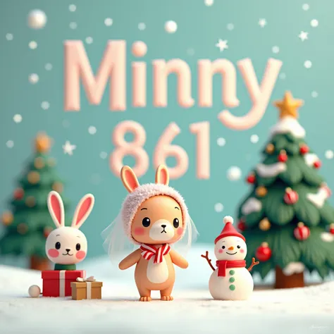 Put the big word “minny 861” in the picture, make a bunny figure with a Christmas veil, with a Christmas tree, with a snowman, in a graphic style.