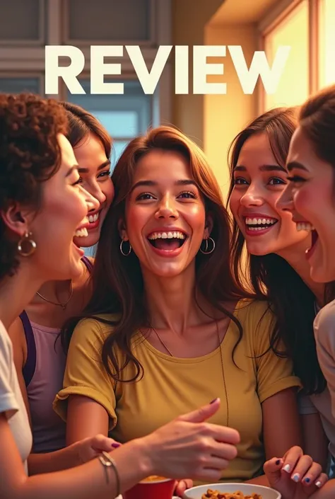  Create an image of several girls laughing with the word review at the bottom, as if it were the cover of a movie 