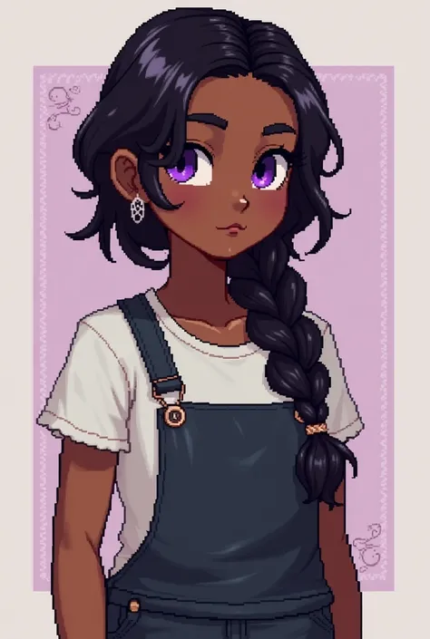 Whats their hair style and hair color
Purple and black braid

Eye color and facial features
Round Black fade into purple eyes

Body type: pear
skin tone: regular chocolate
 clothing style 
baggy Tomboy, but also girly

good traits
The great with s Kind A g...