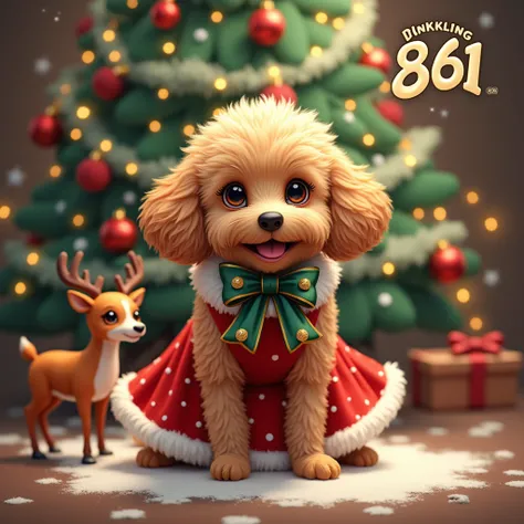 Make a picture of a light brown toy poodle, in a Christmas dress, with a Christmas tree, with a reindeer. Put the big word “nonkling 861” in the picture.  