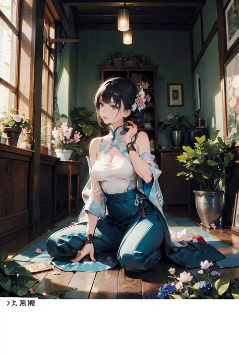 anime - style illustration of a woman, In a lush indoor garden, Japanese woman wearing a sheer top, close-up with breasts and soft flowers in the background, creates harmony between nature and beauty, full body, sitting, high cut slit skirt,