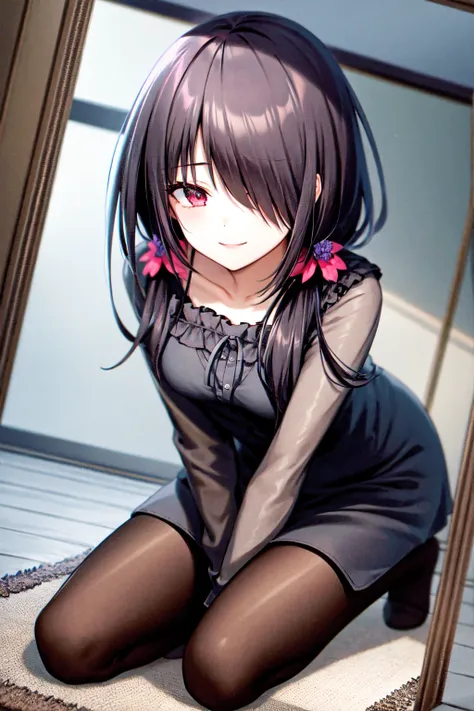 1girl, solo, kneeling, seiza, cckurumi, long hair, low twintails, hair flower, hair over one eye, hair bow, gothic, black dress, ribbon, pantyhose, slippers, sitting, smile, looking at viewer, leaning forward, indoors, living room, television, window, plan...