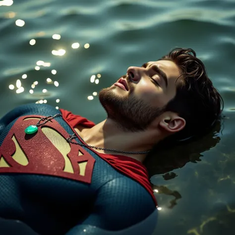 full body shot, of a muscular attractive Cody Christian with Short stubble, illuminated by bright, natural light, wearing a Superman suit, eyes closed, lying on back on water, in pain. a glowing emerald green crystal pendant hanging around his neck.