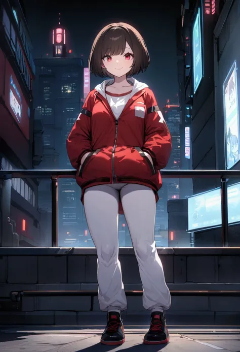 a Very Tall and pretty Anime adult Girl (about 175 cm in height), tall girl in a cyberpunk background rooftop in the night with a happy smile,  happy, light red eyes, a little messy Dark brown trimmed bob cut hair, red jacket, white shirt and a poorly fast...