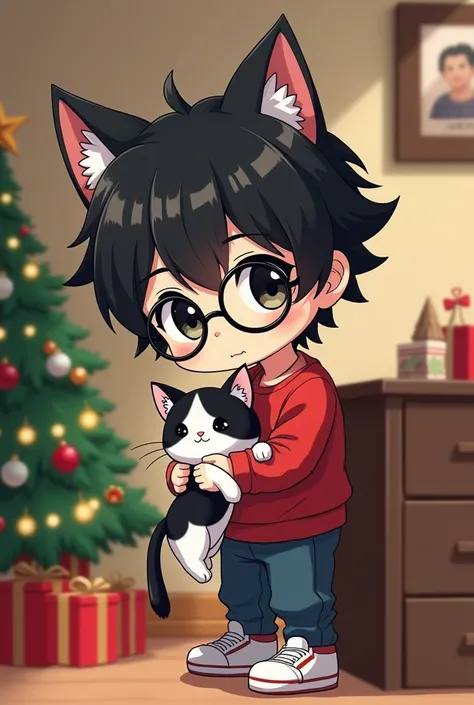 Anime,cartoon,chibi painting , teenage boy1 , Korean groundbreaking wolf-cut shortshair ,Long-sleeved Christmas shirt ,Wear black round glasses, Sneakers, is holding a two-color British Short Hair Black-white fur pattern kitten cat., with a gift box table ...