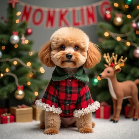 Make a picture of a male light brown toy poodle in a Christmas dress, with a Christmas tree, with a reindeer. Put the big word “nonkling 861” in the picture.  