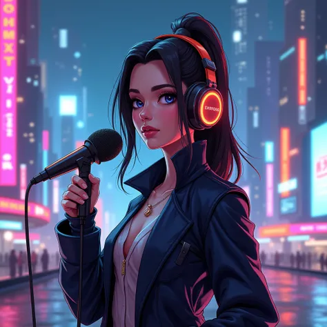 Image referencing the name  ""   with microphone a poscast character profile, side image ,  futuristic city in the background,  neon lighting , girl, radio host