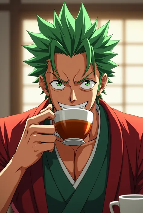 Roronoa Zoro one piece style anime ,  smiling sweetly and gently at the viewer while sipping a cup of tea