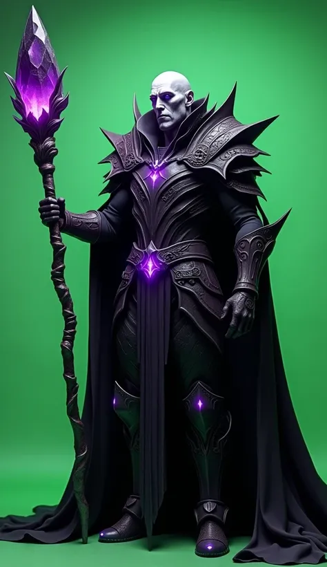 A tall and menacing figure clad in dark, jagged armor etched with runes that glow with a sinister purple light. His face is pale, with sharp features and deep, glowing violet eyes that exude malice. A long black cape billows behind him, and his gauntleted ...