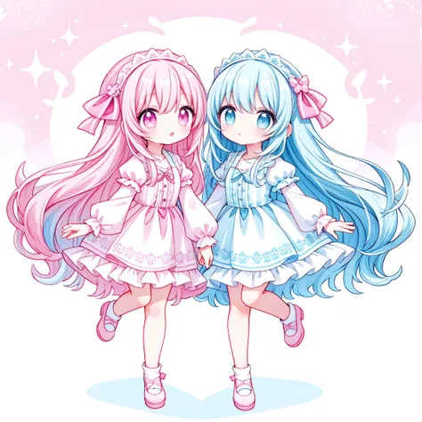  twin sisters 、 Light Blue Long Hair、aquamarine eye、 light pink long hair、pink eye、pink and white trainers、 super high definition 、 super high quality 、masterpiece