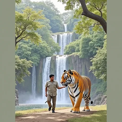 a Indonesian man wearing a jacket and jeans walks hand in hand with a giant tiger
