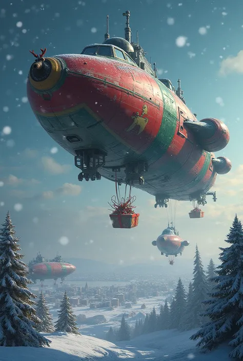 Depict a giant spaceship flying slowly over a snowy city on Christmas Eve. The spaceship is painted in Christmas colors (red, green, and white) and features a reindeer-themed decoration at the bow. Its lower hatches are open, releasing countless Christmas ...