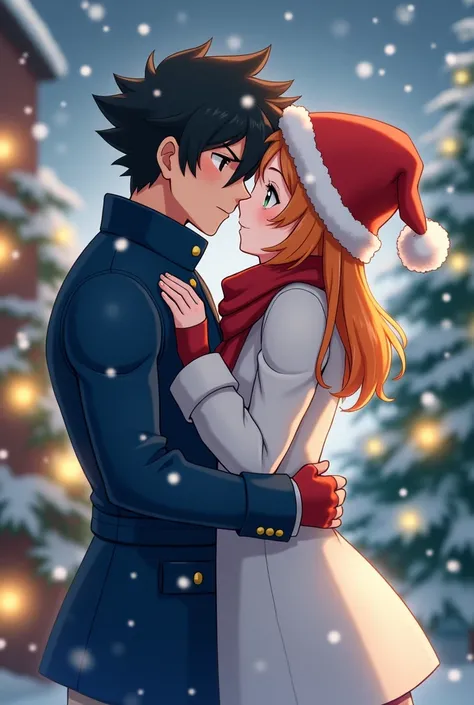 1boy, ash ketchum, black hair, brown eyes, hair between eyes, christmas_headwear, blue coat, fingerless_gloves, pants, handsome boy, macho, good looking boy, muscular boy 1girl, misty pokemon, orange hair, green eyes, christmas_headwear, white coat, skirt,...