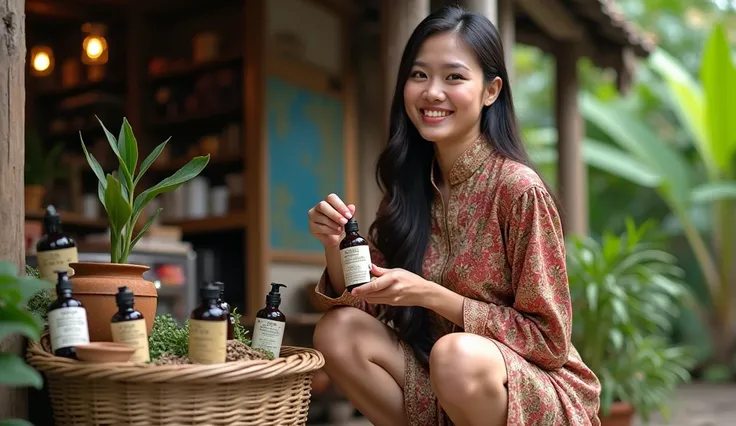 Create Image Beautiful Indonesian woman dressed in sexy kebaya is squatting while pouring a bottle of herbal medicine into a glass.  next to her is a basket with her herbal bottle . he indonesian ,  the beautiful woman is very happy . Scenic setting in a r...