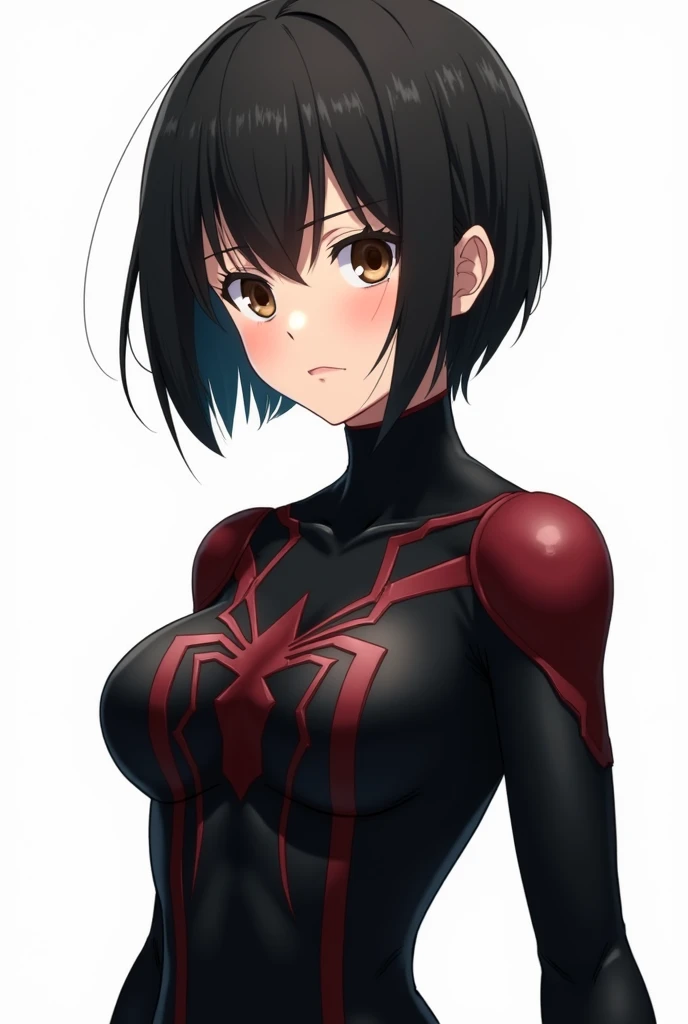 Naruto anime style girl with short black hair and brown eyes wearing black Spider-Man clothes and she is not smiling on a white background 