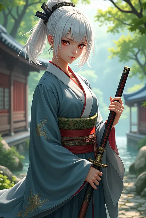 White hair girl with yukata and haori holding a katana