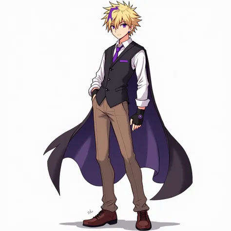 Derek Reed (25 year old male). He has short, spiky blond hair with purple streaks, purple eyes, a black vest over a white shirt, a purple tie, brown pants, black fingerless gloves, brown shoes, and a small black earring.

Anime Style 