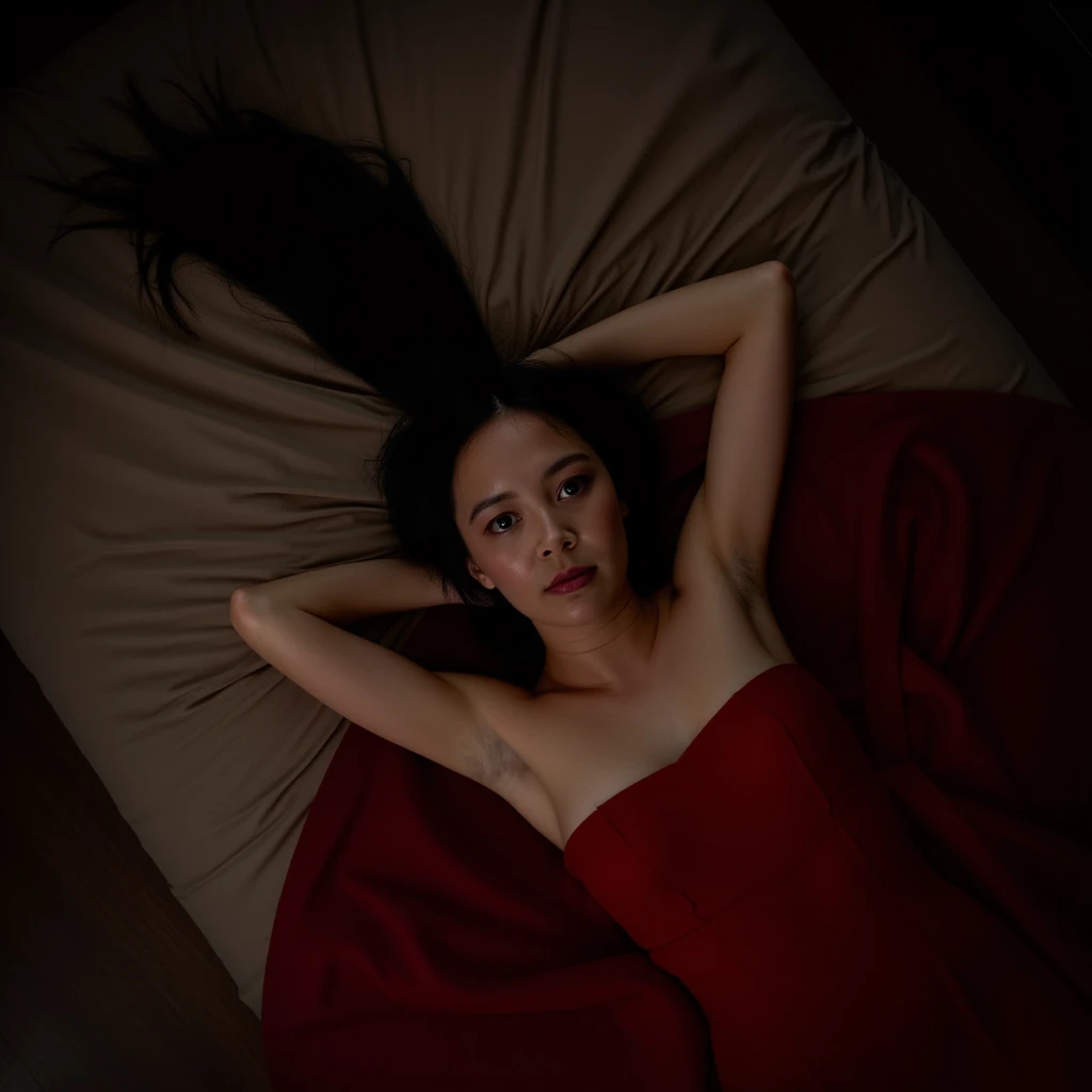 Poppy Li, picture from above, lying  limp on a bed on back, red strapless dress, drunk face, arms up, limp