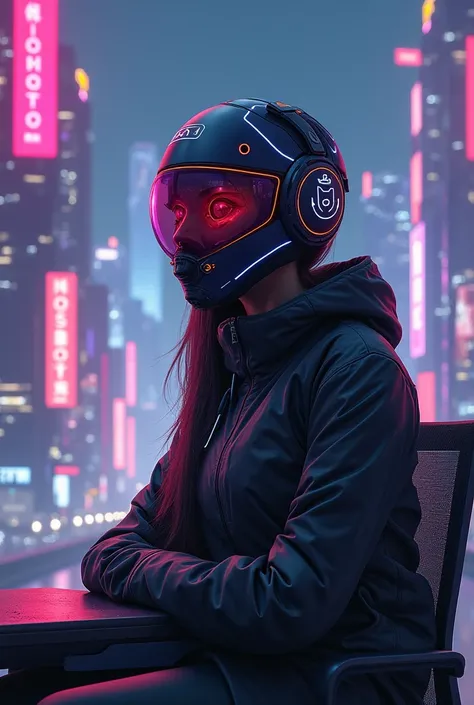 broadcaster character , front image,  futuristic city in the background, Neon lighting, girl sitting,  radio host,  wearing a futuristic helmet