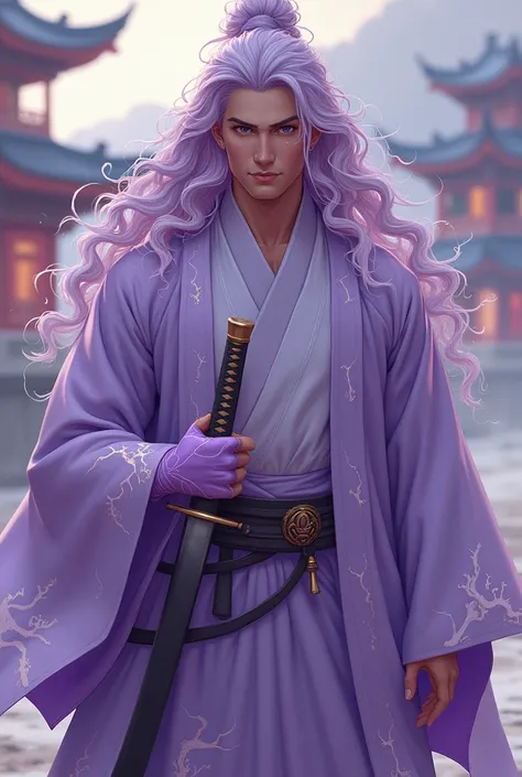 a full image of a tanned man with long curly lilac hair, wearing a lilac qipao with lightning designs, has a katana, wears a lilac glove on his right hand with the Emblem of the Sin of Sloth digimon. in the background a lilac temple