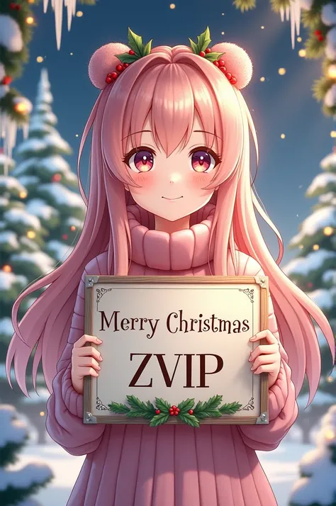 Make a pretty girl from anime ,  Christmas style 
With a sign that says Merry Christmas ZVIP 