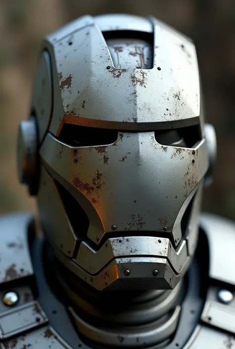 "Create an image of Iron Mans Mark I mask from the 2008 movie. The mask should have a bulky, industrial design made from rough, metal plates with visible seams and weld marks. It should have a matte silver finish, with some areas appearing slightly darker,...