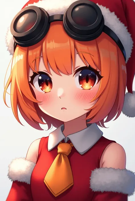 A girl with a orange short hair, black glowing eyes. She has a cute face. Shes using black round googles. Shes using a christmas hat and wearing a christmas dress with her shoulders exposed and with a orange tie on the chest. Shes blushing.