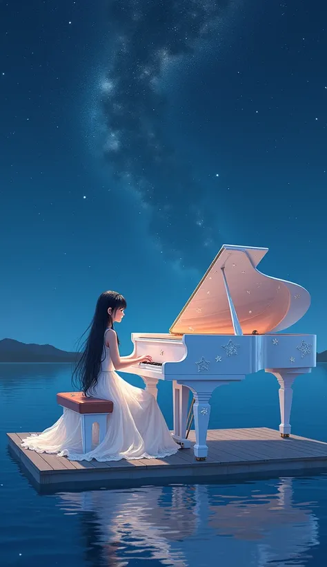 The sky is full of stars on the lake at night ，The picture is ultra-clear and realistic， revealing dreamy details。 A pure white grand piano is quietly placed on a floating boat， The piano body is decorated with tiny star patterns。 A girl in a white gauze s...