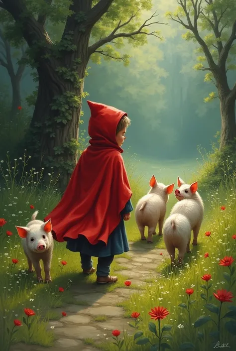 Until they had a chance to jump on the piglets, but the little Red Riding Hood turned away before “The wolves have come quickly.” The four ran to the big bush. The wolves, who were not in a hurry and ran in the other direction, ran away.