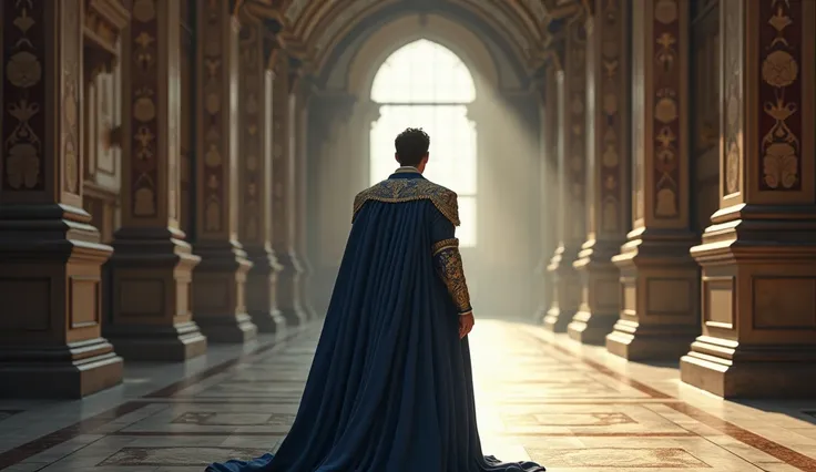 Create the image of a beautiful prince dressed in blue, lonely and sad, walking through the corridors of the palace.