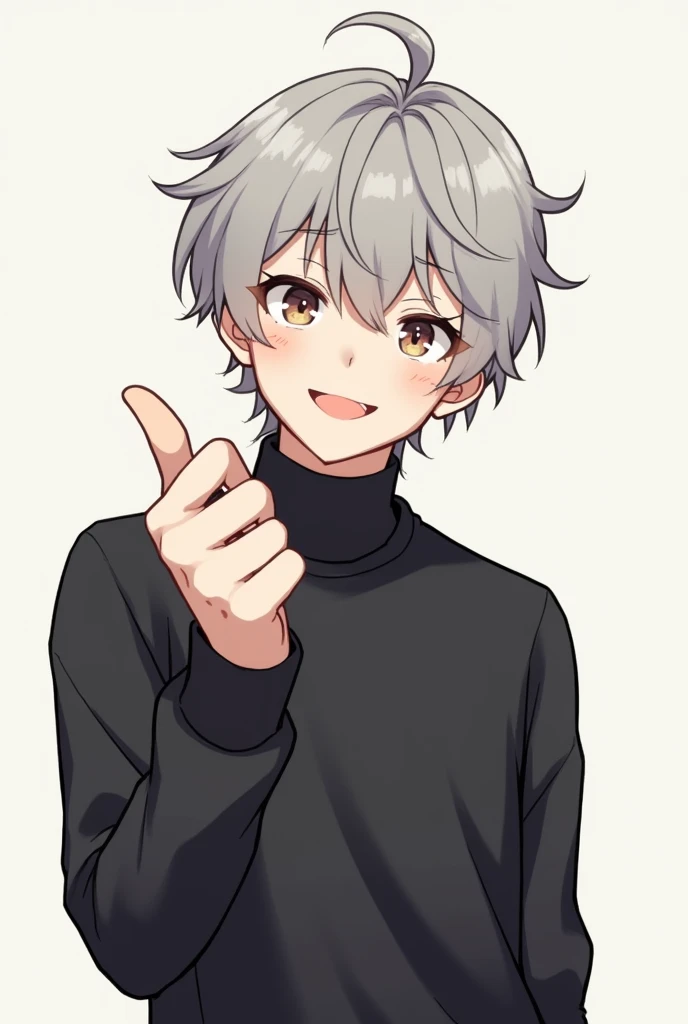 A male character with kawaii traits,With gray hair in a black sweater making a like in the hand