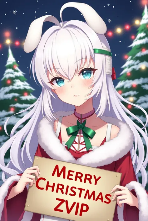 Make a woman with white hair and blindfold her eyes in black anime,  Christmas style 
With a sign that says Merry Christmas ZVIP 