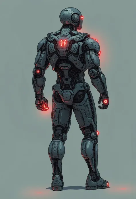 The character in this image is standing with his back to the camera, looking to the left side. The character is a moderately muscular man with a futuristic design, having a body made of metal (like ultron from marvel) with intricate mechanical details. The...