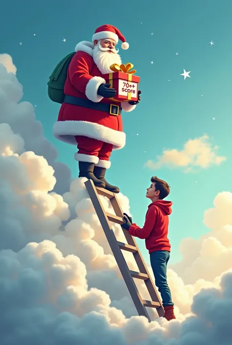 A Santa standing on the cloud with gift box named “700+ score” a student is standing in the start of the ladder to reach Santa