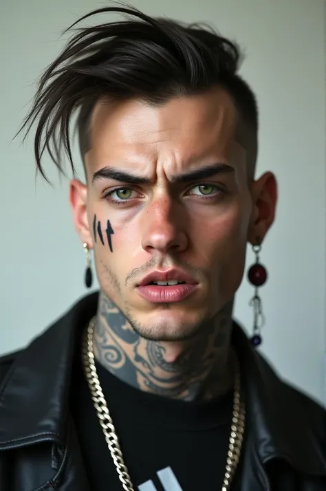  Man with eyebrow piercing , nose and earring .  A cut of hair shaved from the sides and long from above