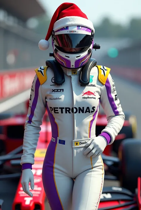 A Formula 1 pilot wearing a uniform white and purple jumpsuit and yellow details with a Christmas hat on her head