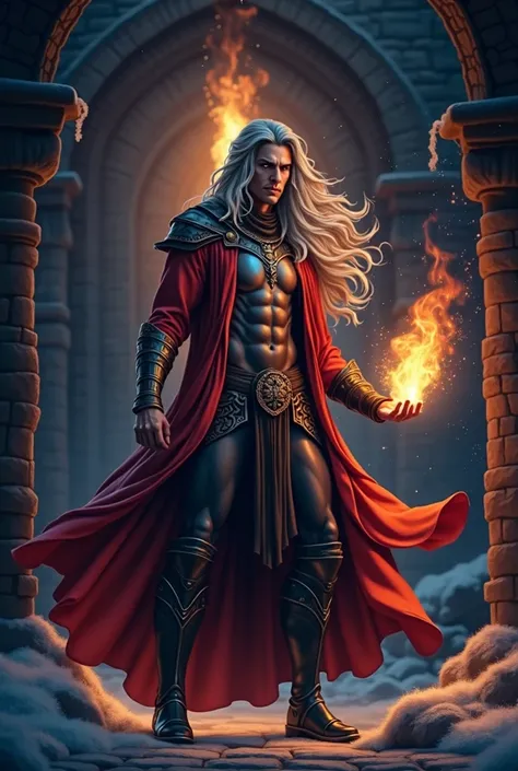 Merlin the wizard depicted in traditional English mythology, full body portrayed with a muscular physique and a perfect body frame, captured in a full body portrait reminiscent of ancient medieval artwork, showcasing his powerful and magical presence with ...