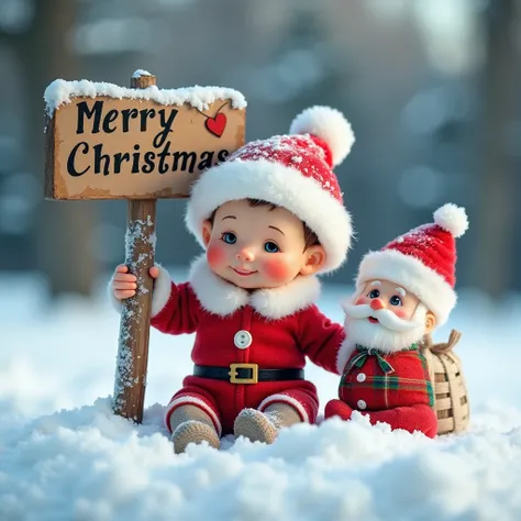 Christmas wishing post. Small snow baby looking and je is fully filld with the wishes of santa coming to him. ( Merry Christmas) - should write behind the snow baby. Also small santa toy on babys hand.
