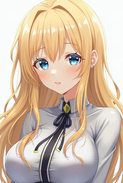 An anime beautiful blonde hair girl in a uniform, she has blue eyes .