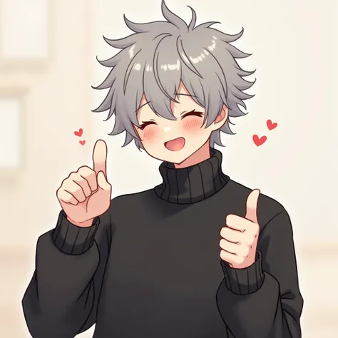 
A male character with kawaii traits,With gray hair in a black sweater giving a thumbs up