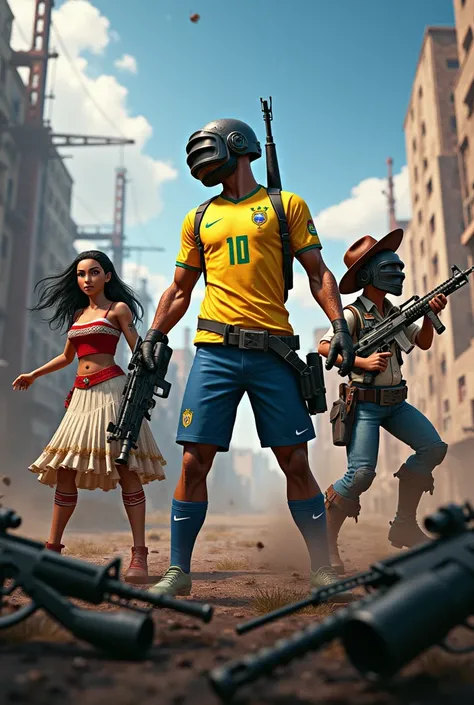 Neymar and Moana and Woody from Toy Storie in a game of pugb with weapons in the middle of the battle