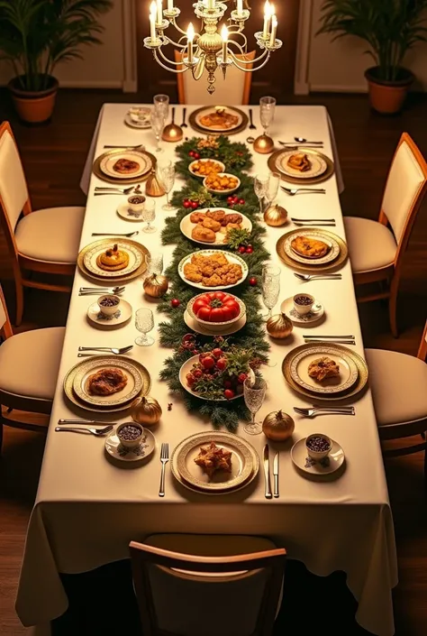 photo taken from above showing from a kitchen a large table with items for Christmas dinner,  elegant and luxurious beige colors White golden brown light green , faint yellow lighting , Evening 