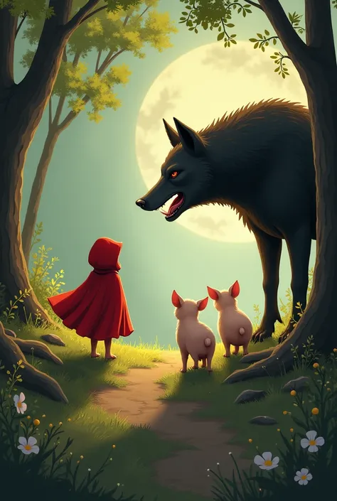 The wolf jumped on the piglets, but the little Red Riding Hood turned away. “Quickly run away, the wolf has come.” The four ran to hide in the big bush. The wolves, who did not catch up and ran in the other direction, ran away.