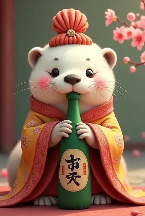 The cute sea otters cheeks are red, so she is wearing a hanbok and drinking a green bottle of sake with a lucky bag on her head 